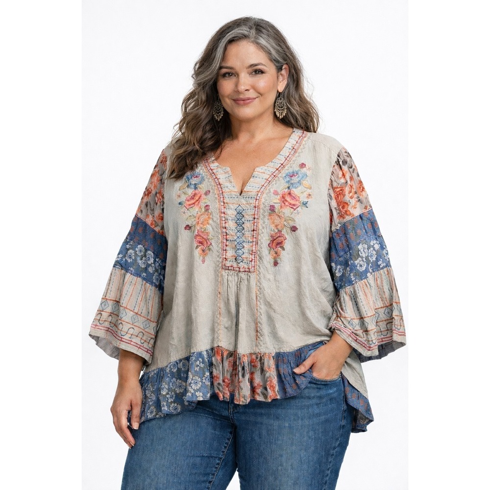 Coldwater Creek Womens Embroidered Boho Top Mixed print Sz 3x Linen Vacay Summer